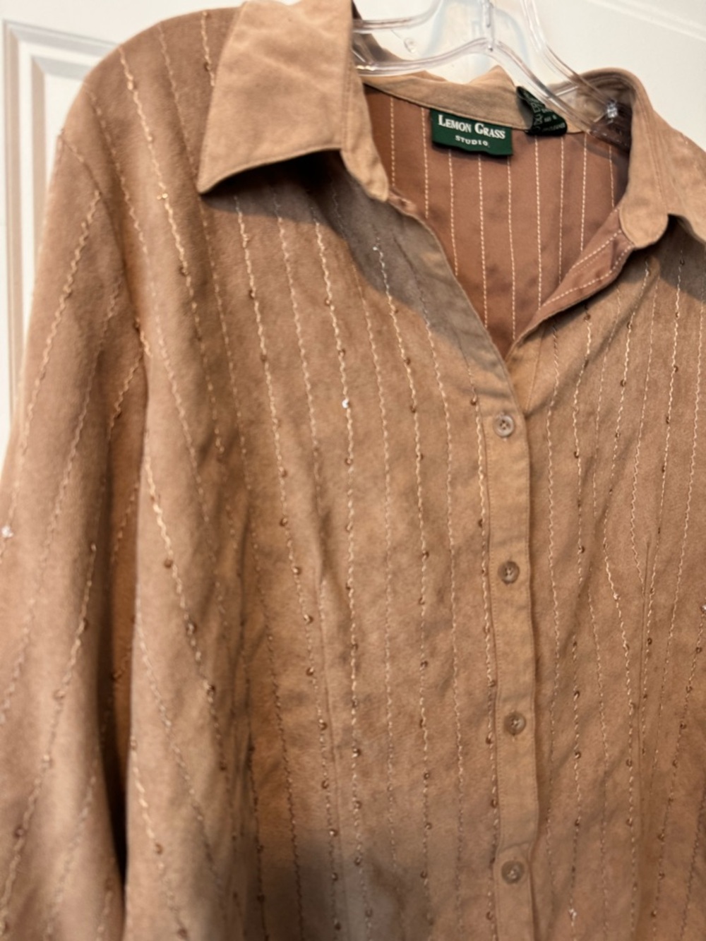 Lemon Grass Studio Brown Sequin Textured Blouse Button Up XL Western Glam